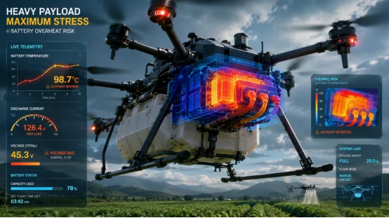 Drone battery overheating and thermal telemetry under heavy payload