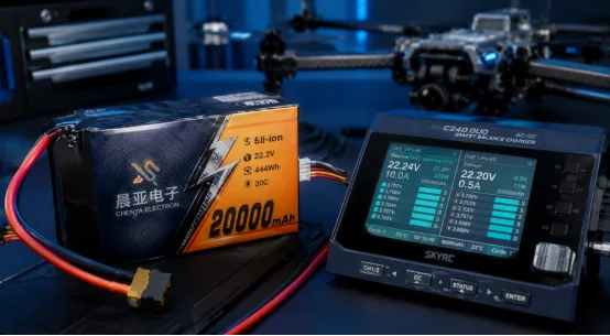 Drone lithium-ion battery pack connected to a smart balance charger displaying voltage readout