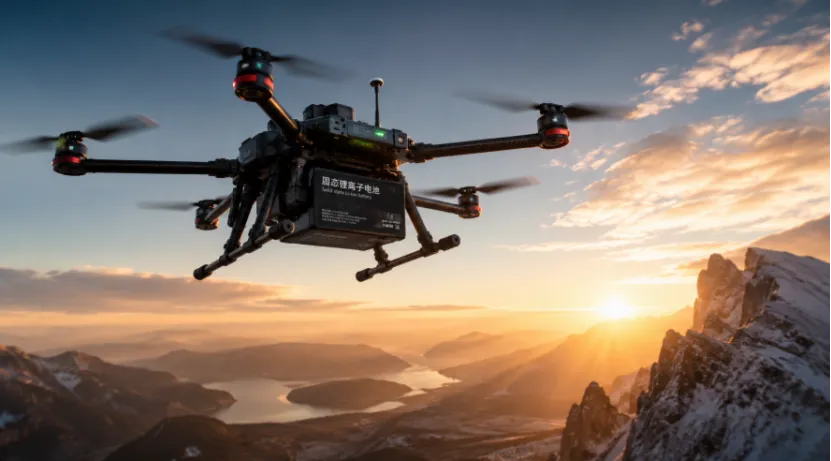 Drone with solid-state battery flying over mountains at sunset