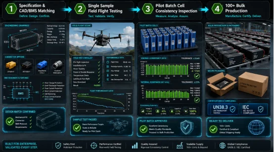 Enterprise UAV battery supplier procurement and testing workflow infographic
