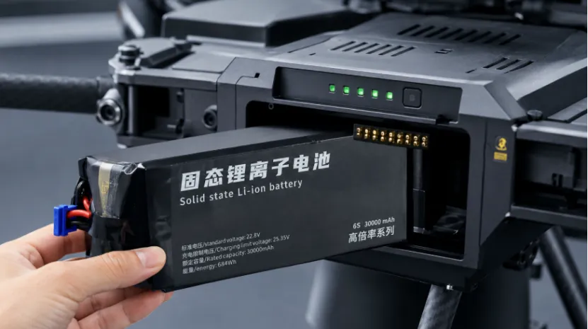 Hand inserting a solid-state battery into a drone