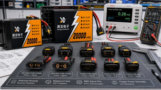 High-current UAV battery connectors and testing equipment on a workbench