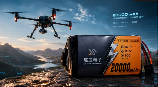High-density 20000mAh drone lithium-ion battery pack with a hovering drone outdoors