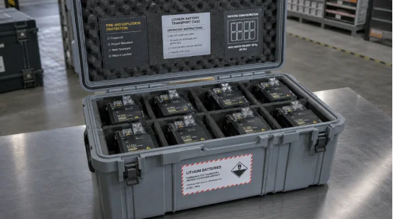 Lithium drone batteries stored in a fireproof transport case