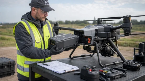 Pilot inspecting and installing battery into a commercial drone