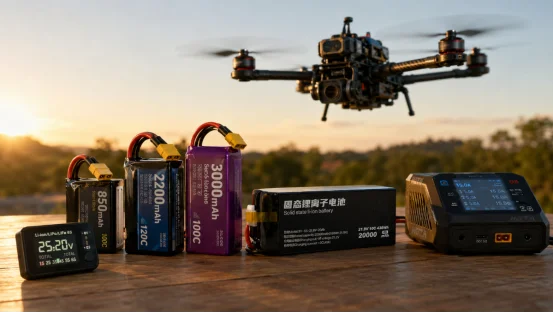 Quadcopter drone hovering over drone batteries and smart charger outdoors