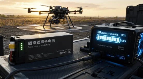 Solid-state drone battery connected to a 30-minute fast charger
