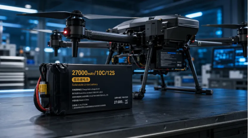 Solid-state drone battery pack sitting next to an industrial UAV on a workbench