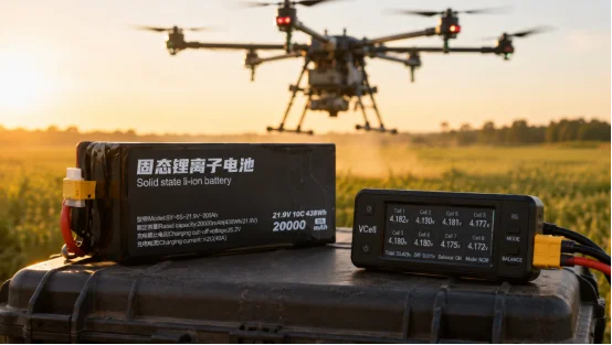 Solid state li-ion drone battery and voltage checker in farm field