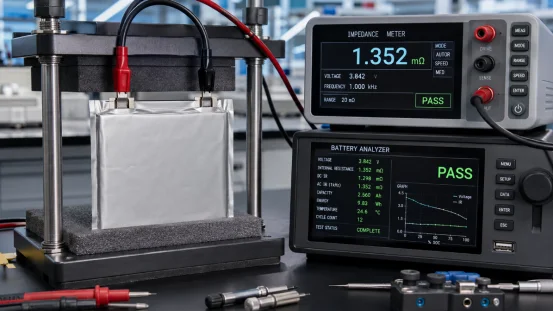Solid state pouch battery testing with impedance meter and analyzer