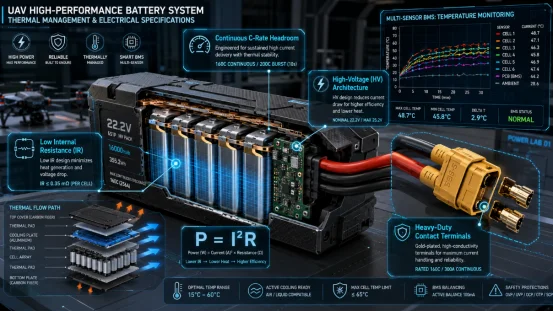 UAV battery thermal management and electrical specifications infographic