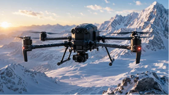 Commercial drone flying over snowy mountains in freezing cold weather