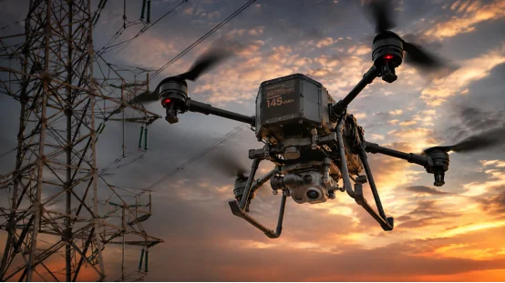 Industrial drone flying near power lines at sunset