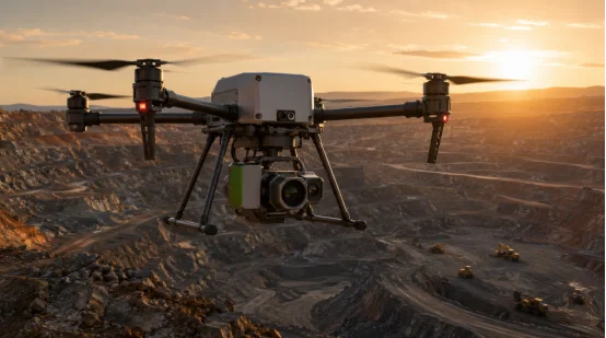 Industrial mapping UAV carrying LiDAR sensor over an open-pit mine