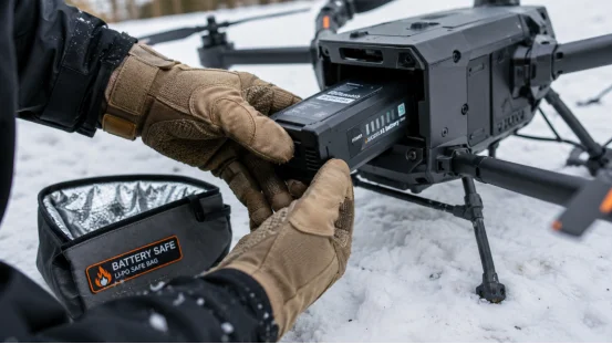 Installing warm LiPo battery into drone from insulated case in winter snow