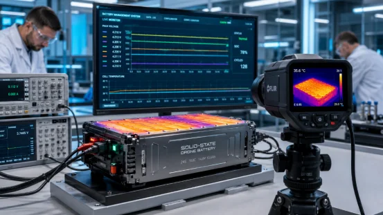 Thermal imaging inspection of a solid-state drone battery in a testing lab