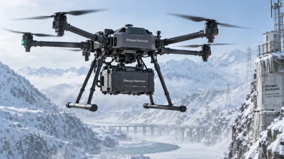 Industrial drone flying in snowy mountains with a sub-zero battery pack