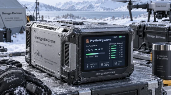 Smart drone battery with active pre-heating display in sub-zero snow
