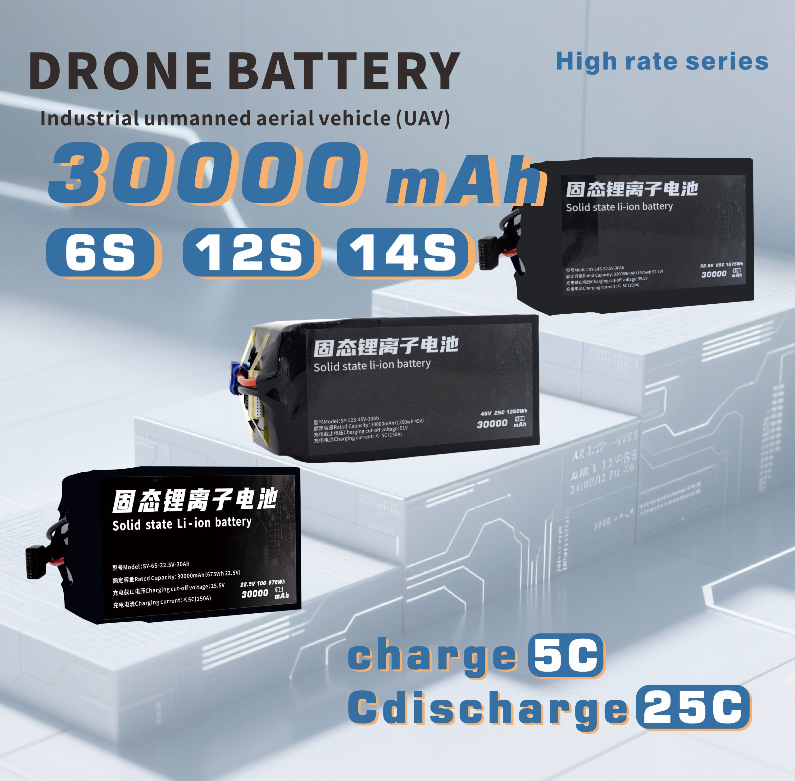 190 Series 6S 12S 14S 30000mAh 25C Long-range,High-security high-energy, high-density, high-voltage and high-rate lithium ba
