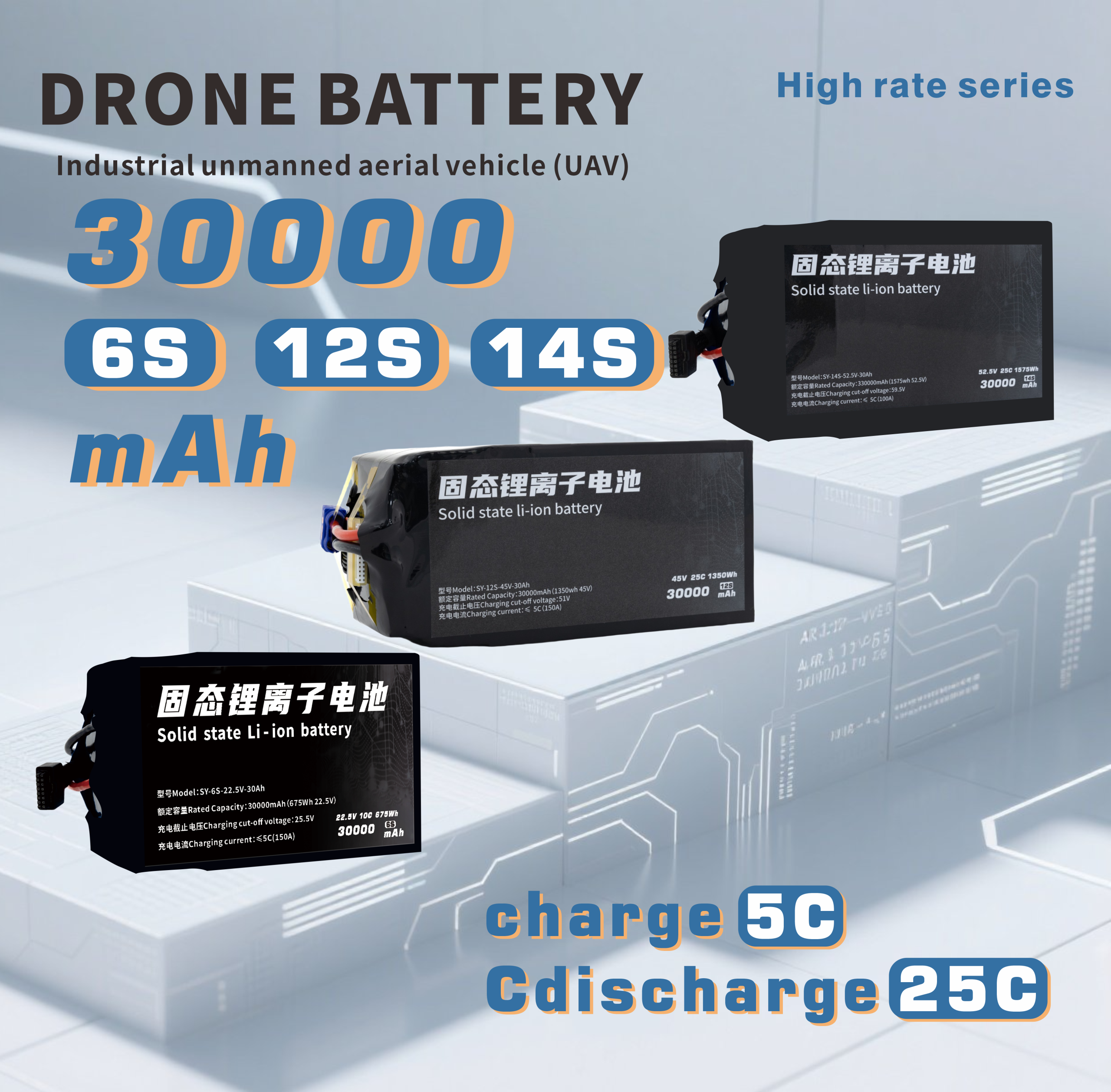 190 Series 6S 12S 14S 30000mAh 25C Long-range,High-security high-energy, high-density, high-voltage and high-rate lithium batt