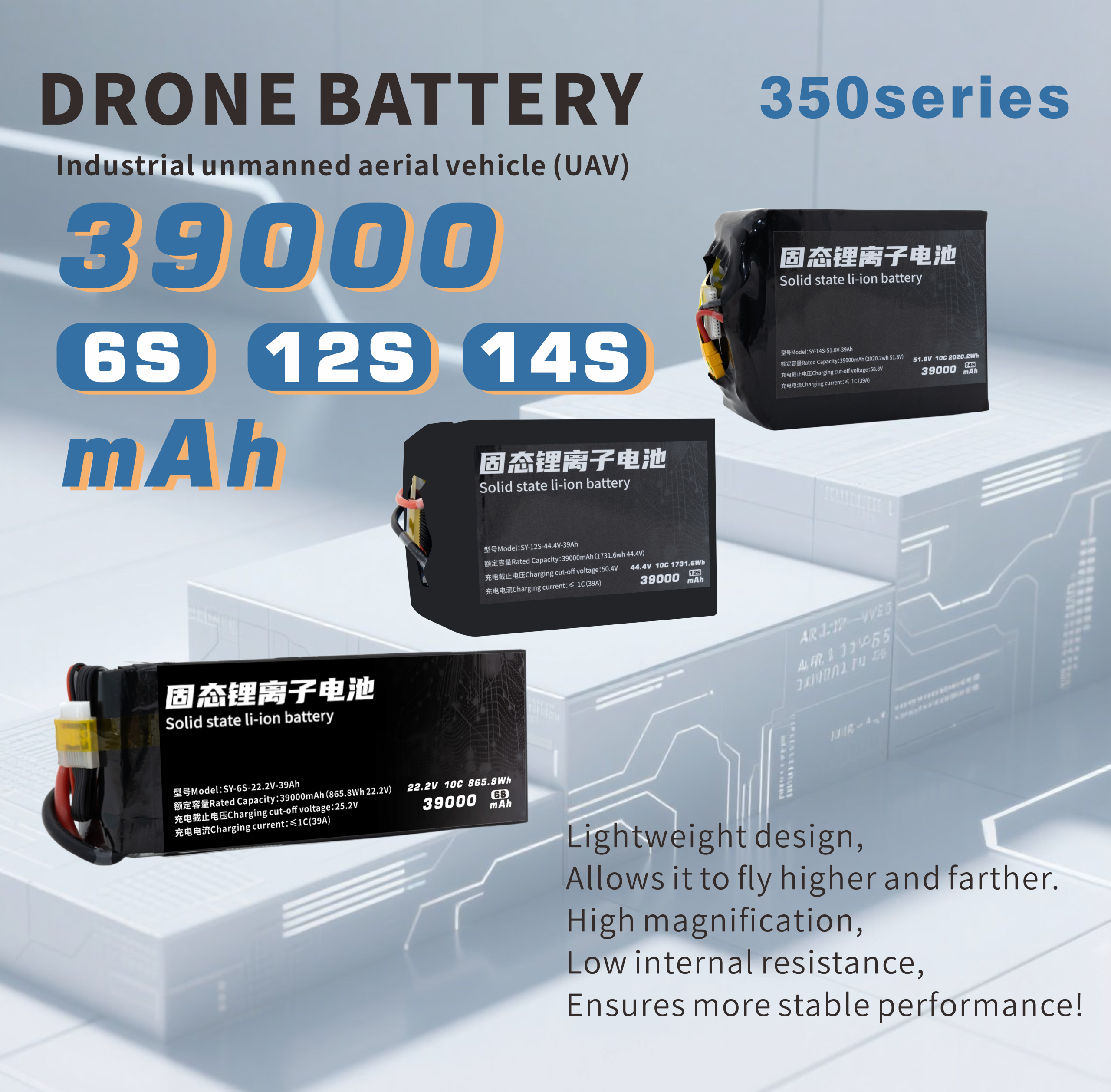 350 Series 6S 12S 14S 39000mAh Long-range,High-security high-energy, high-density, high-voltage and high-rate lithium batt