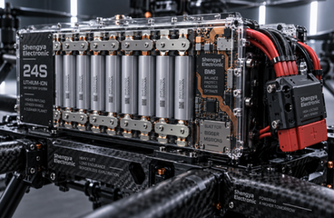 Custom 24S lithium-ion UAV battery pack with integrated BMS on a drone frame